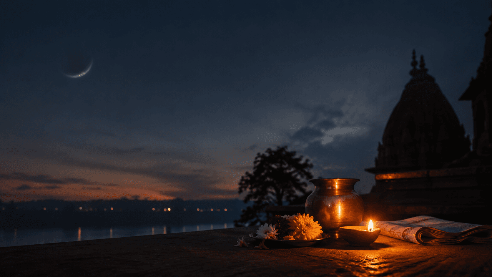 Quiet Amavasya evening with a diya and traditional offerings