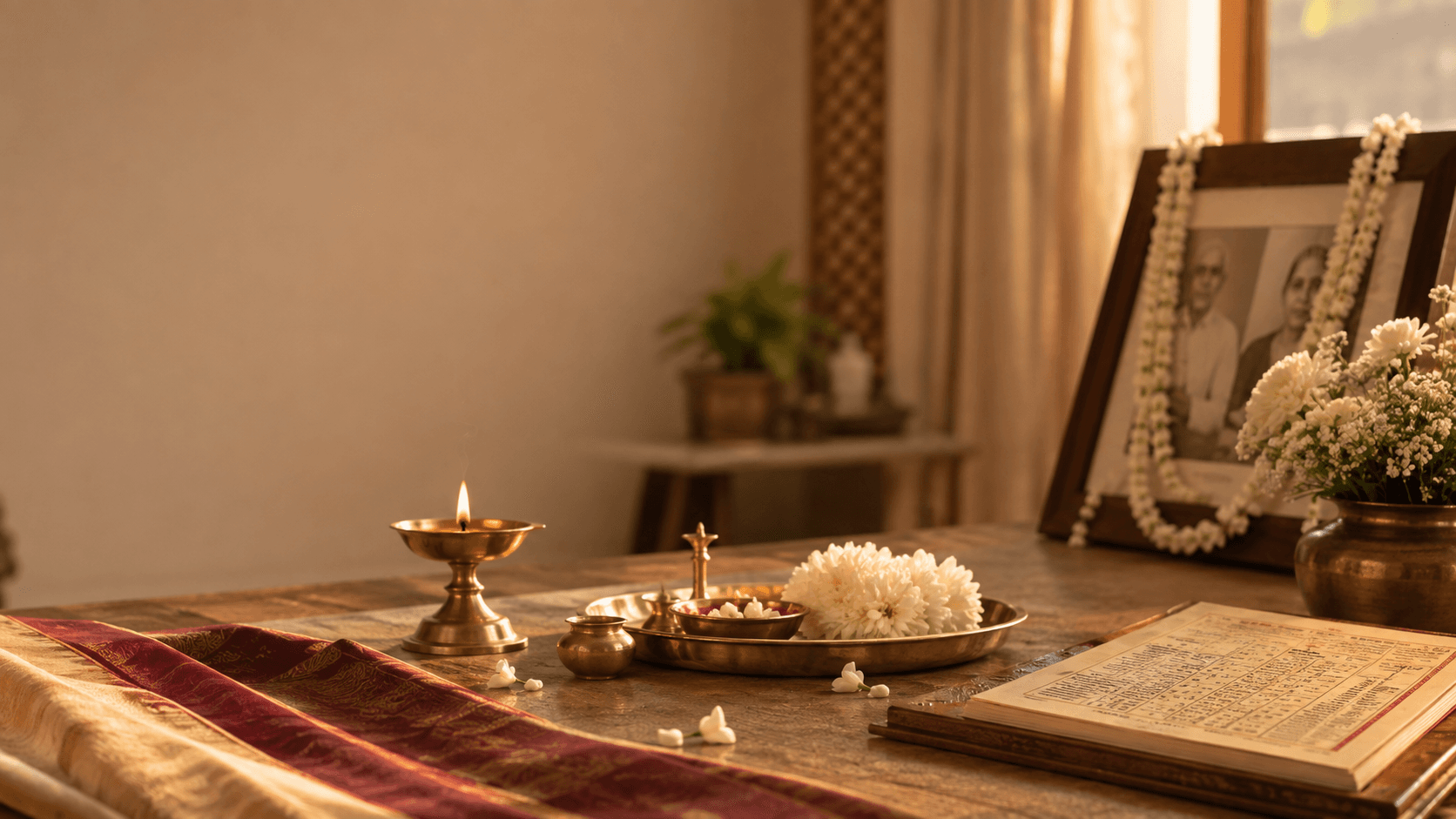 Diya, flowers and a traditional Panchang representing annual tithi remembrance