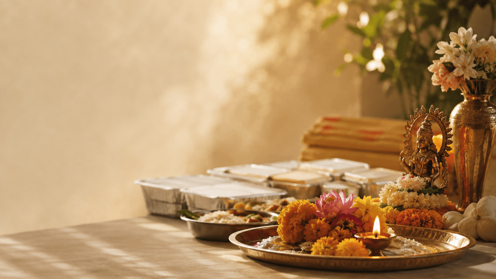 Diya, flowers and offerings representing gratitude through seva on a meaningful occasion