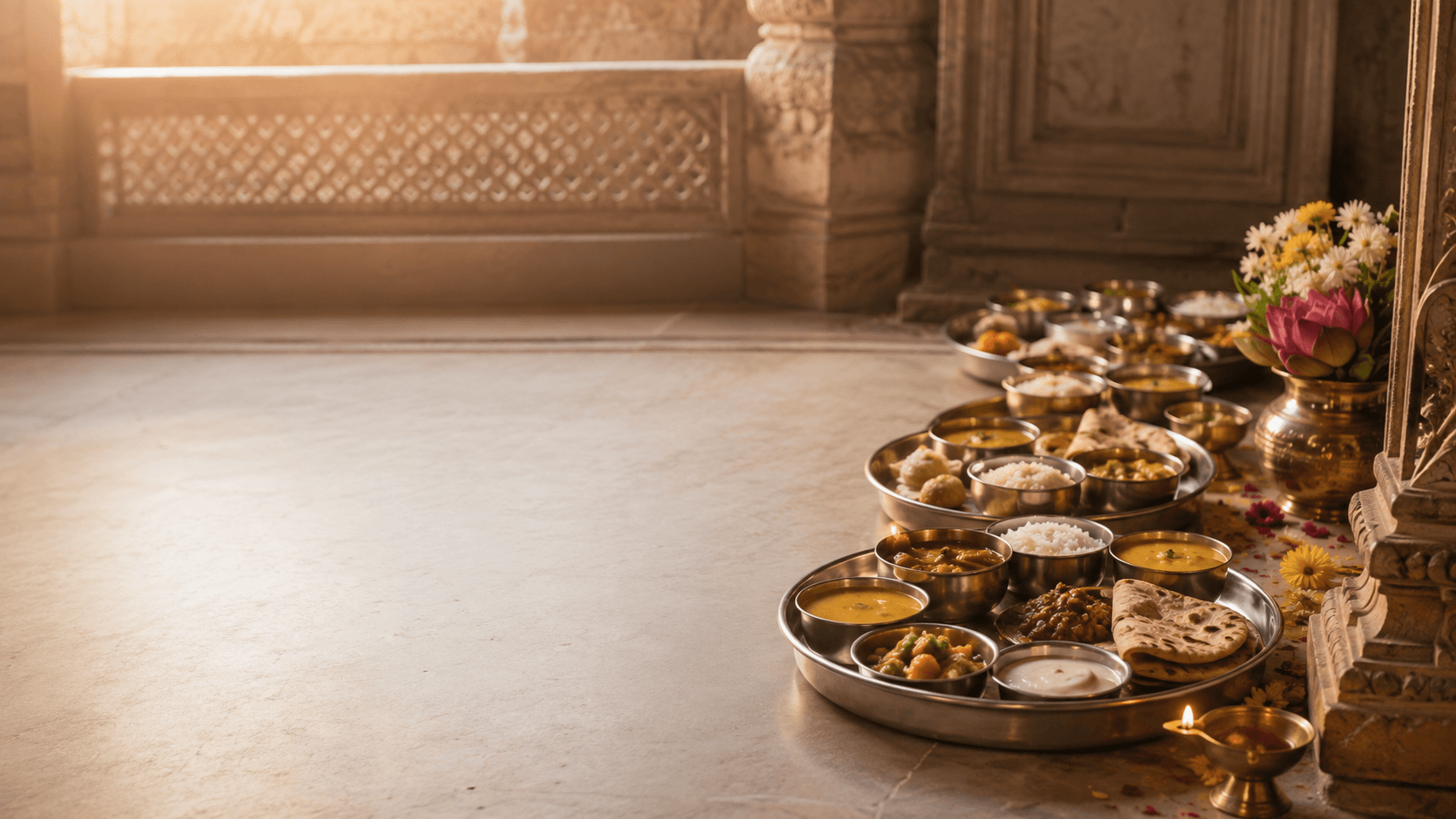 Satvik bhojan thalis arranged respectfully in a temple setting