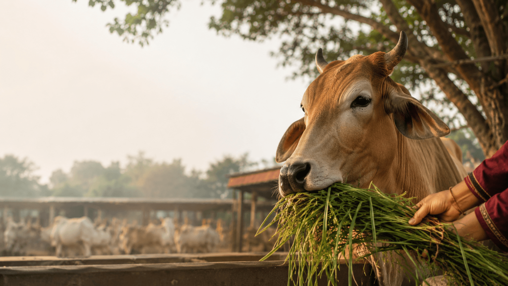 Cow being fed fresh green fodder in a gaushala