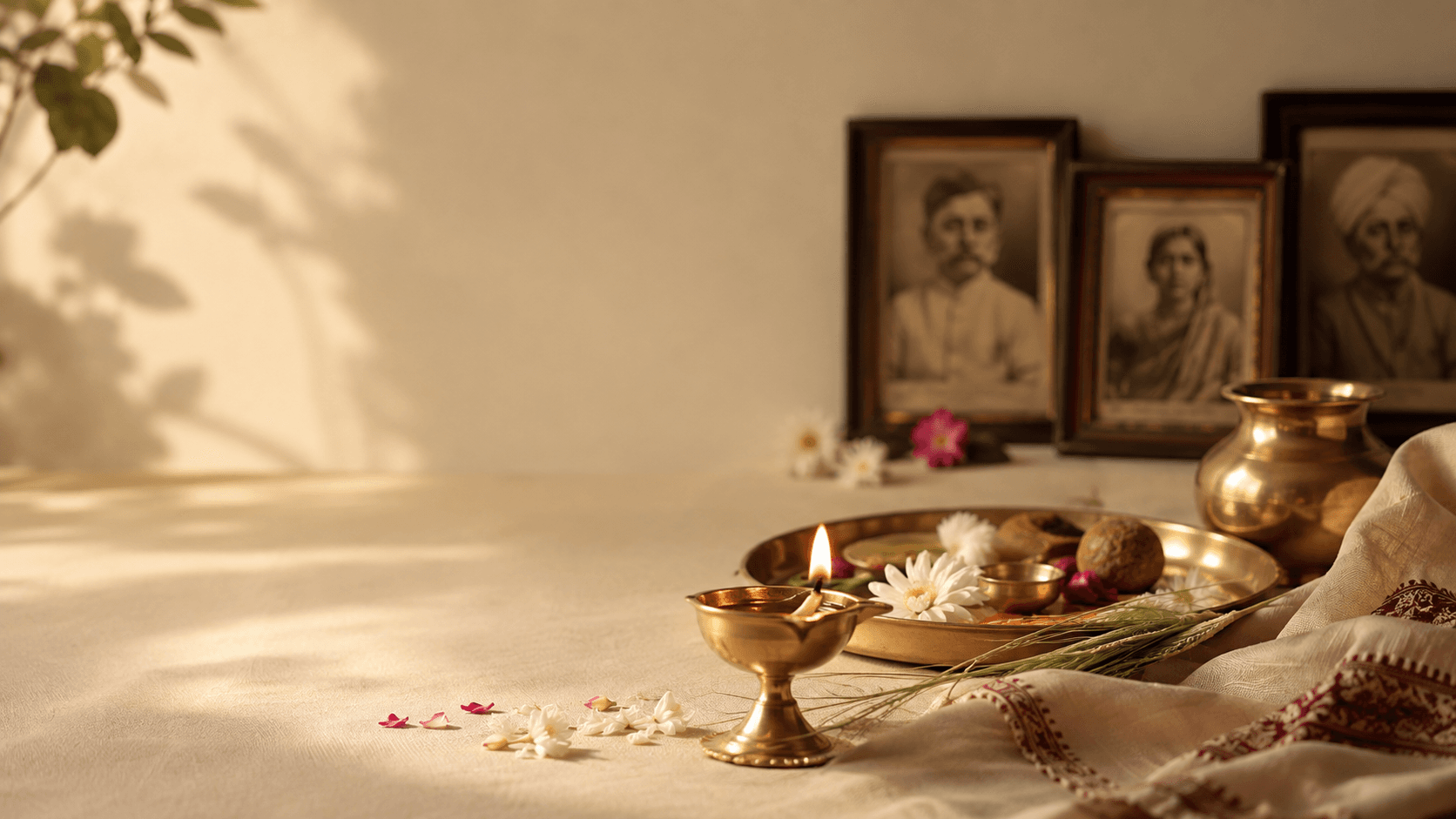 Diya, traditional offerings and ancestral photographs representing Pitru Paksha remembrance