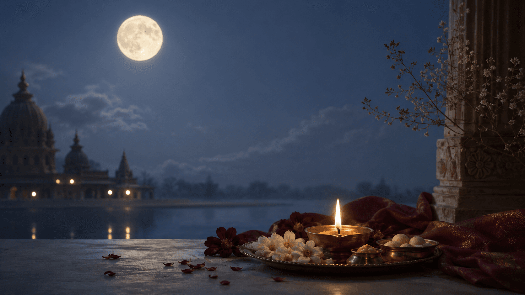 Full moon above a temple setting with a diya and devotional offerings